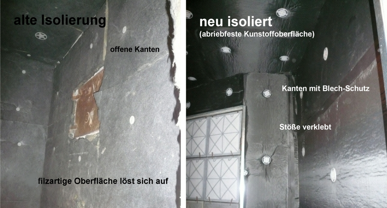 Vorher: Defekte und verschlissene Isolierung einer Umluftkammer. Nachher: Durch Optotherm sanierte Umluftkammer.